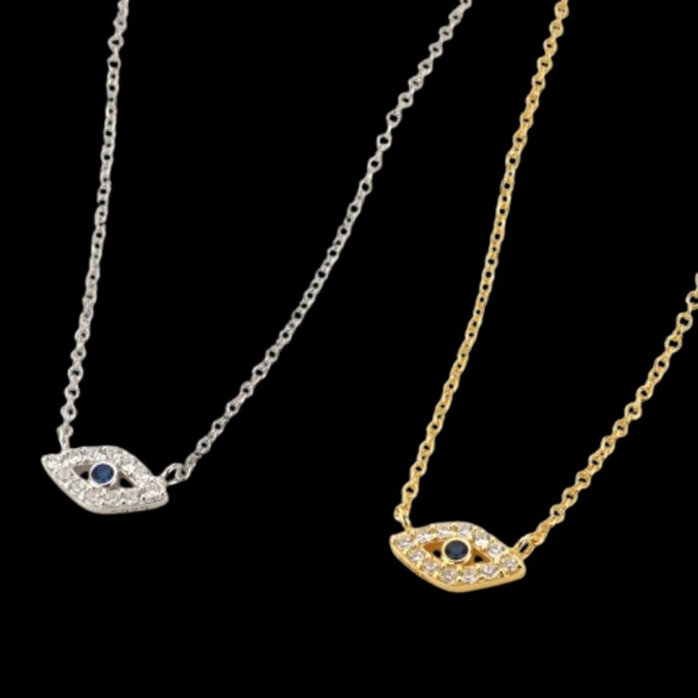 18kt Yellow Gold Plated or Sterling Silver Evil Eye Necklace with Cubic Zirconia